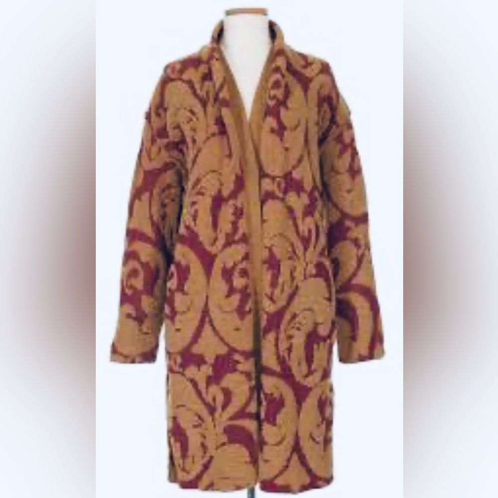 Rara Avis by Iris Apfel Magenta & Tan Long Sweater Coat Cardigan